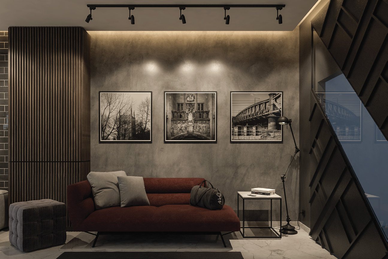 Dining area with pendant lights and open shelving