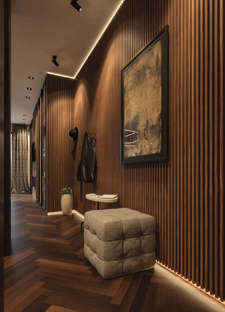 Corridor with vertical walnut slats and herringbone floor