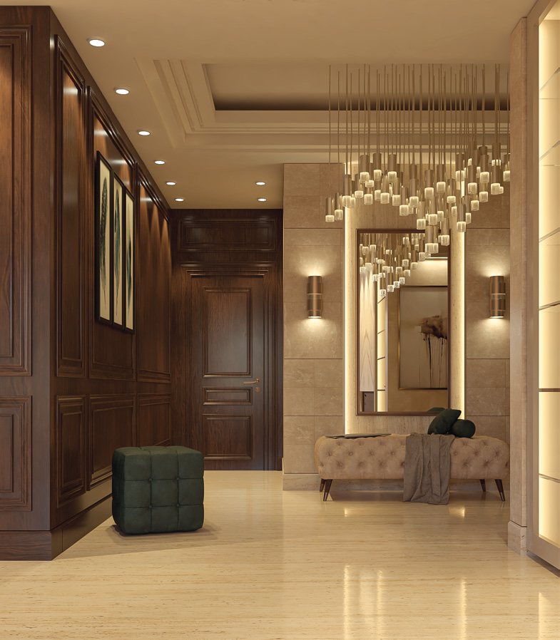 Entrance hall with cascading pendant lights and mirror