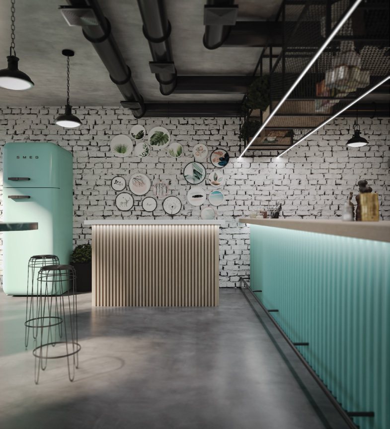 Bar stools against the teal counter with shawarma artwork