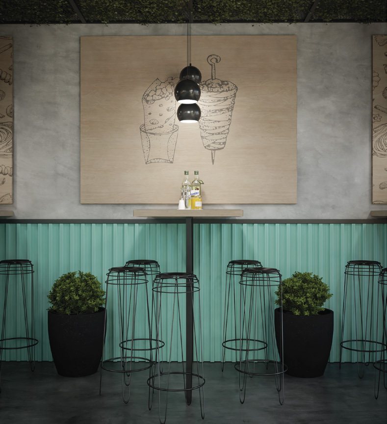 Plate wall and mint refrigerator against white brick