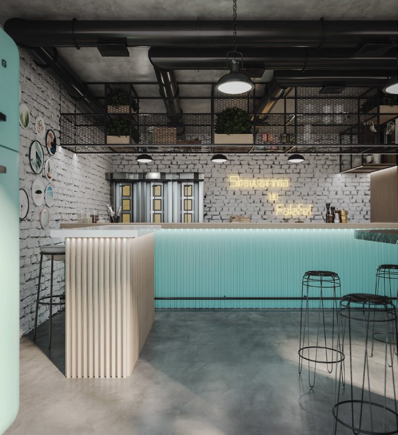TNT — main bar with teal corrugated front, neon signage and white brick